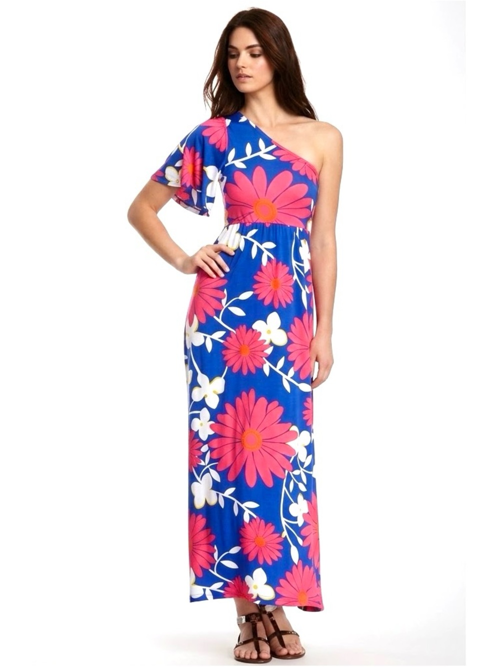 Tracy Negoshian Bonnie One Shoulder Floral Tropical Boho Chic Maxi Dress Large